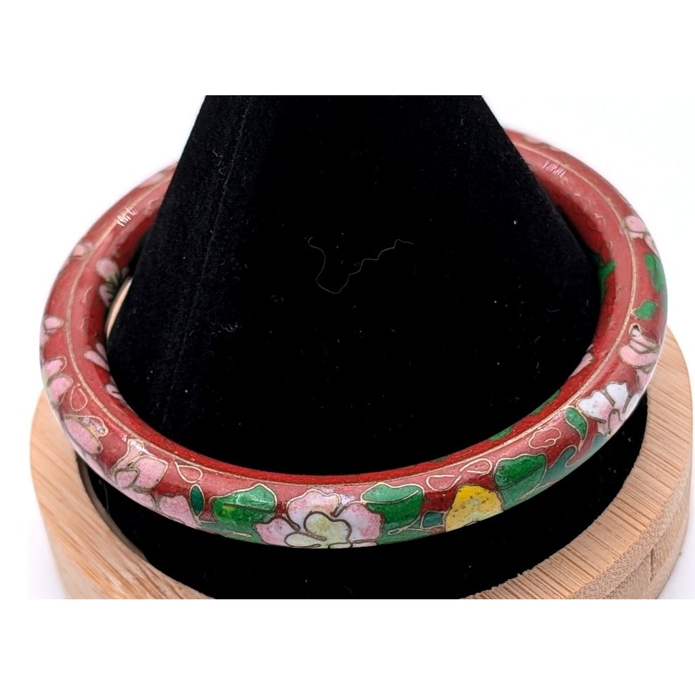 Vintage Cloisonne Enamel Bangle Bracelet Red Floral Brass Handmade Jewelry
